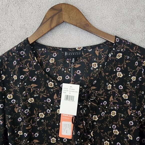 NWT Bobeau Womens Black Purple Floral Lace-Up Top 1X Chiffon JPT - Picture 7 of 11